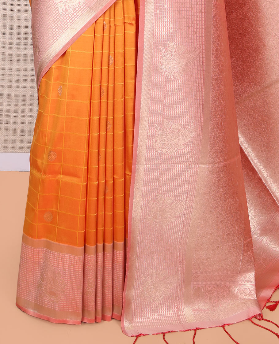 Orange Fancy Soft Silk Saree, Delicately Woven with Zari Butta Enclosed Checks, Complemented by Contrast Zari Border, Grand Pallu, and a Contrast Blouse