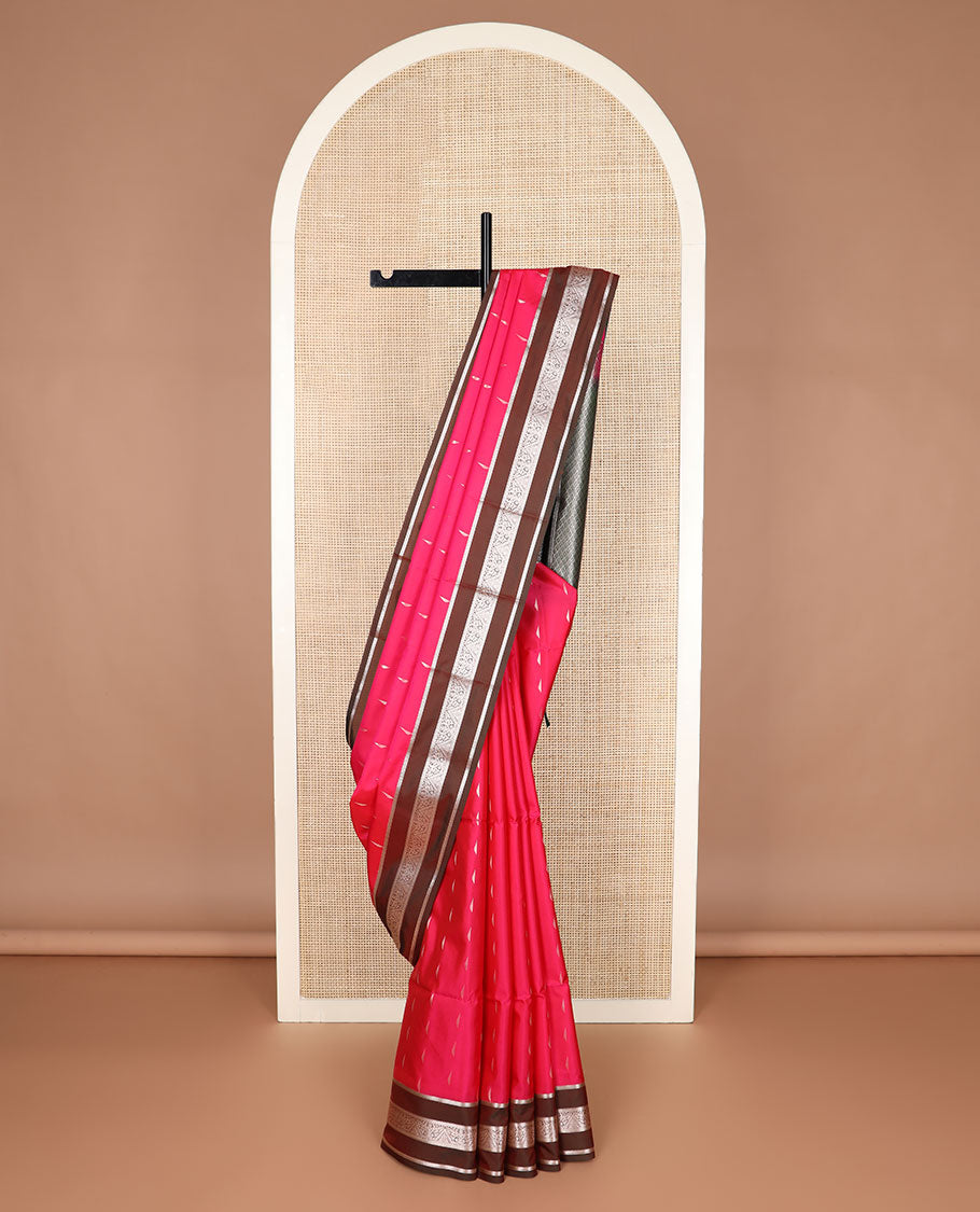 Red zari buttas soft silk saree, contrast traditional design zari rettai pettu border, and jaal pallu
