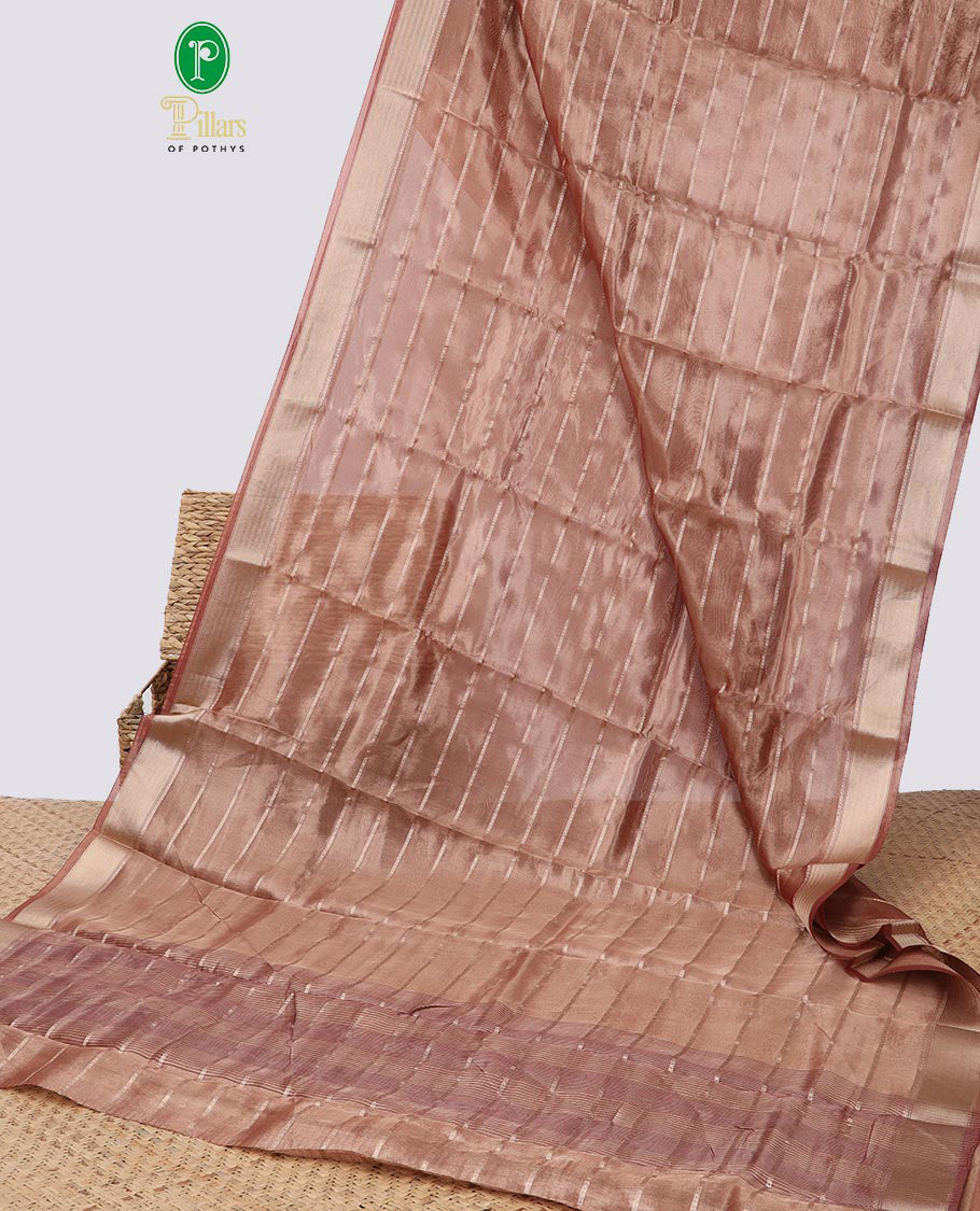 Brown striped semi tissue saree with contrast zari border