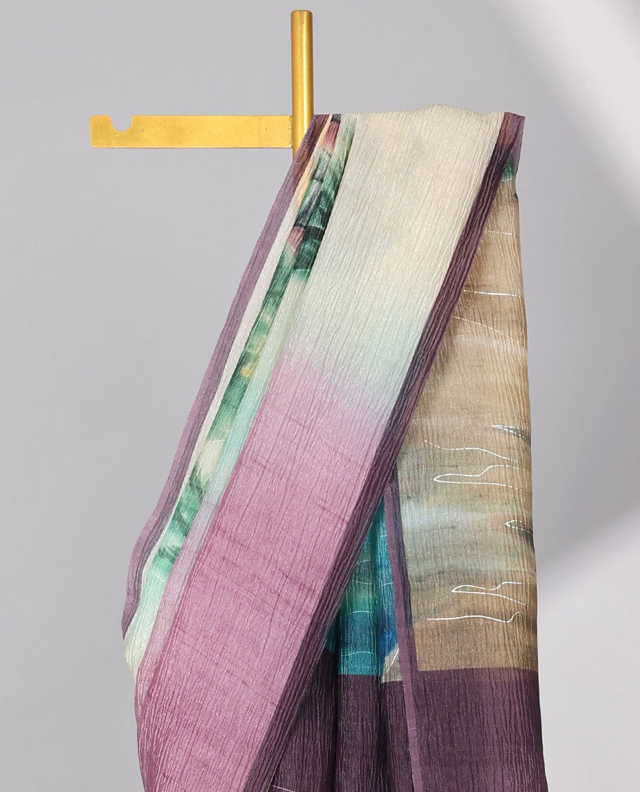 multi-color lake house design printed crush tissue saree with contrast palin border