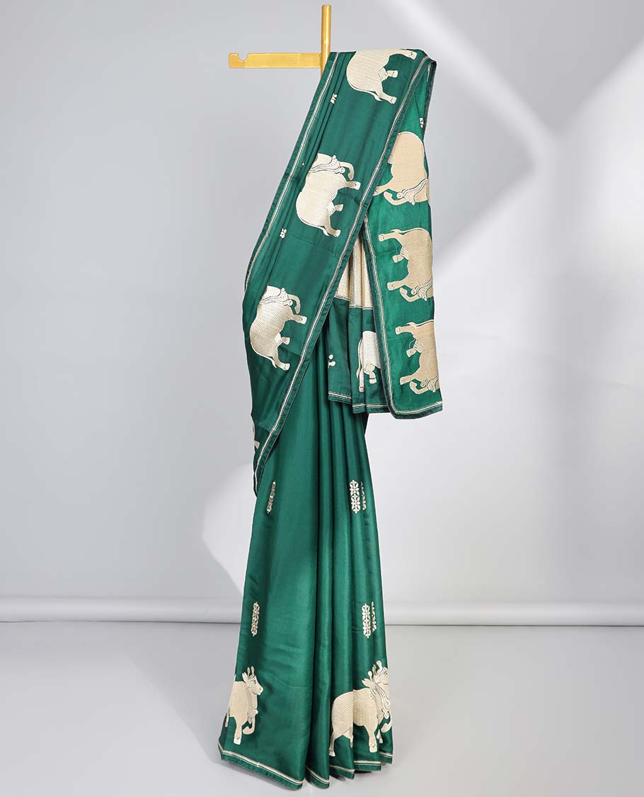 Green floral motifs semi-banaras tussar saree with self pichwai border & zari design pallu