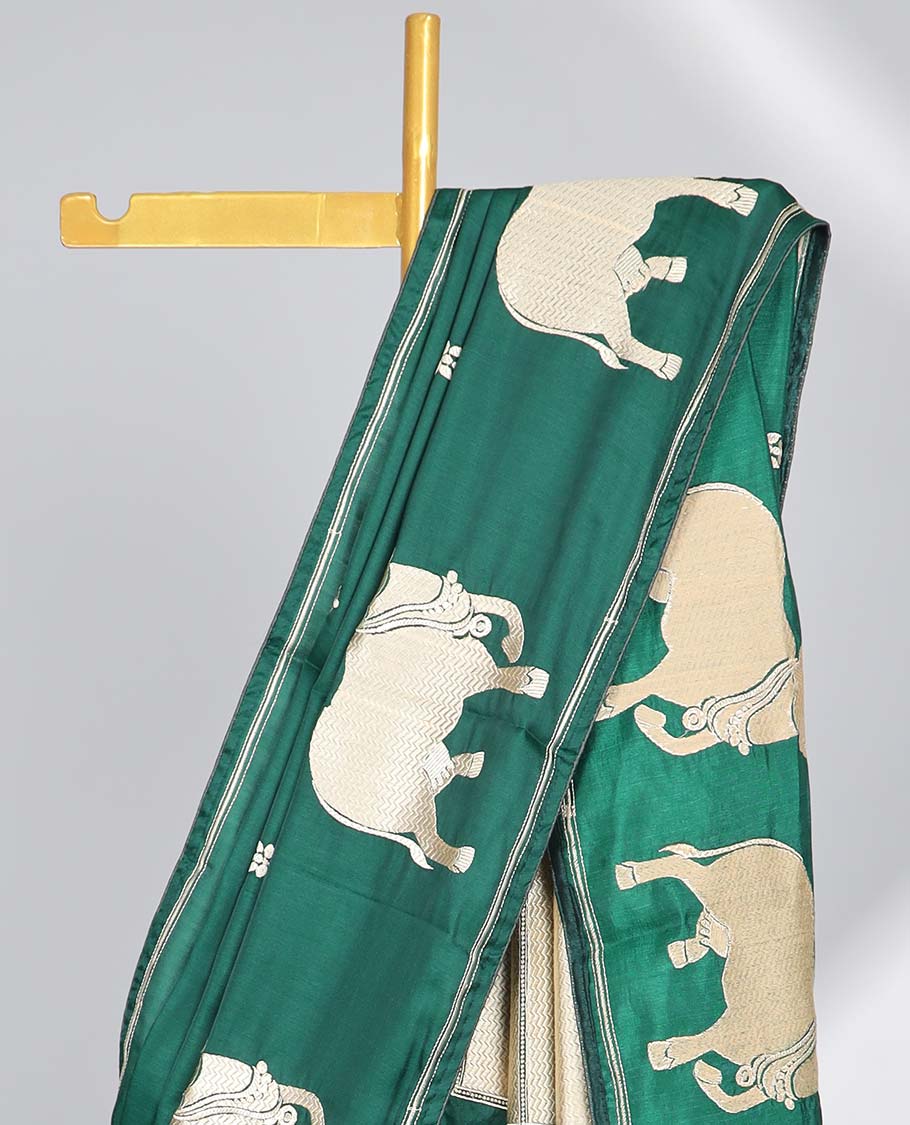 Green floral motifs semi-banaras tussar saree with self pichwai border & zari design pallu