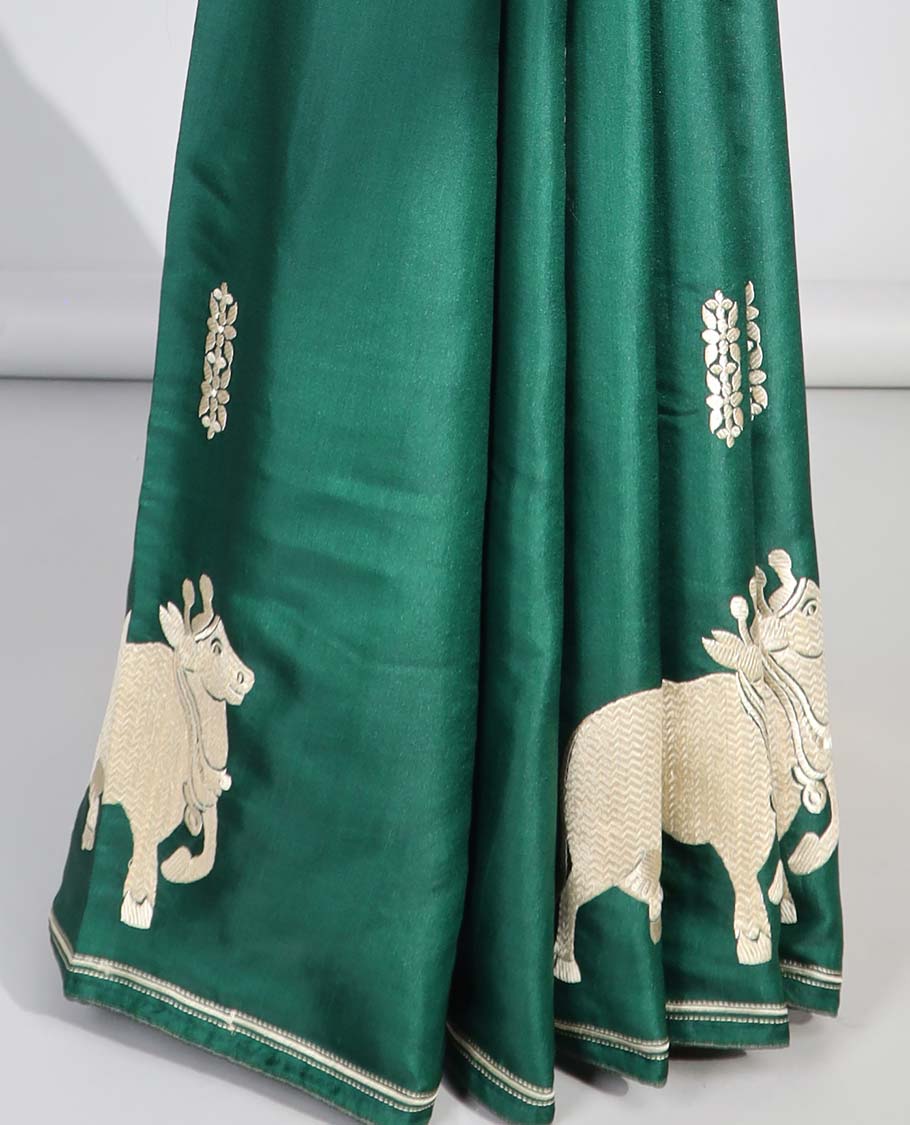 Green floral motifs semi-banaras tussar saree with self pichwai border & zari design pallu