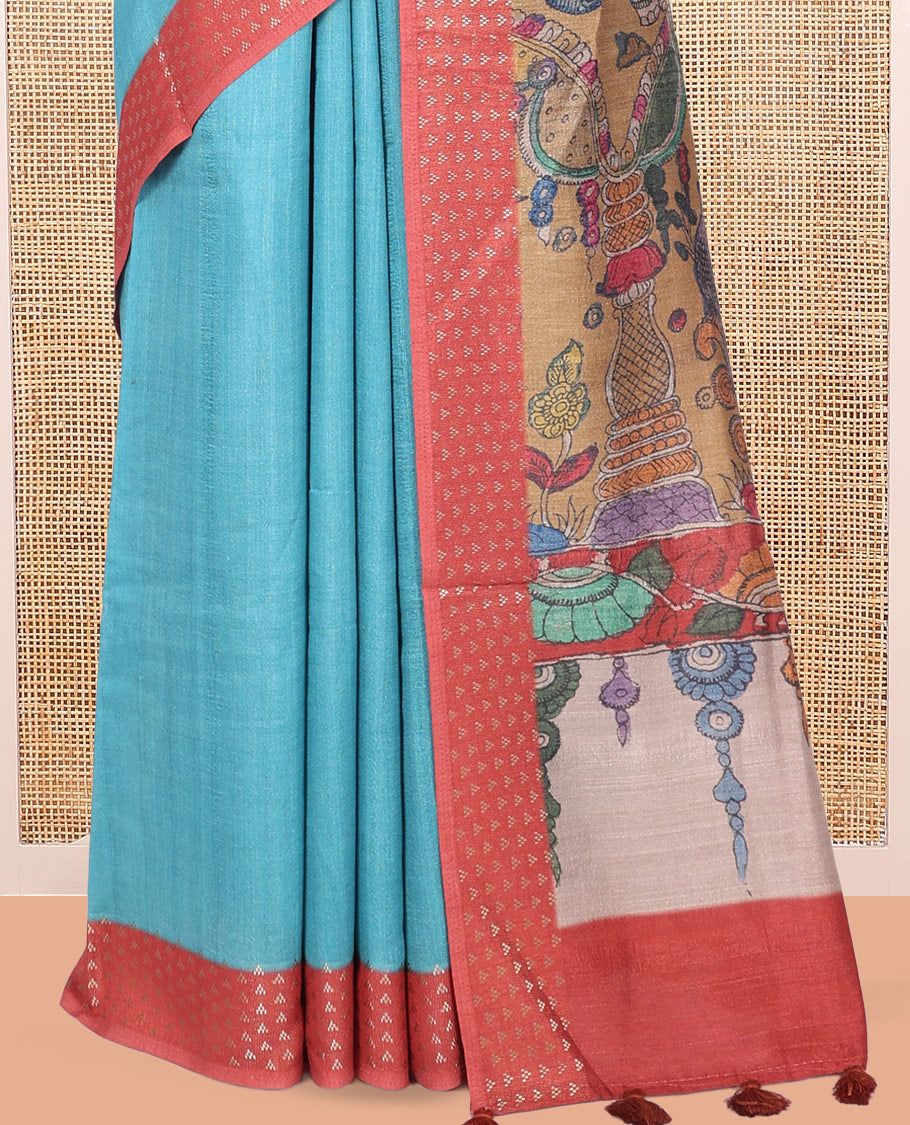 Blue Plain Fancy Tussar Silk Saree, Contrast Triangle Motif Border, Pallu of Kalamkari Peacock Motifs, and Contrast Kalamkari Printed Blouse