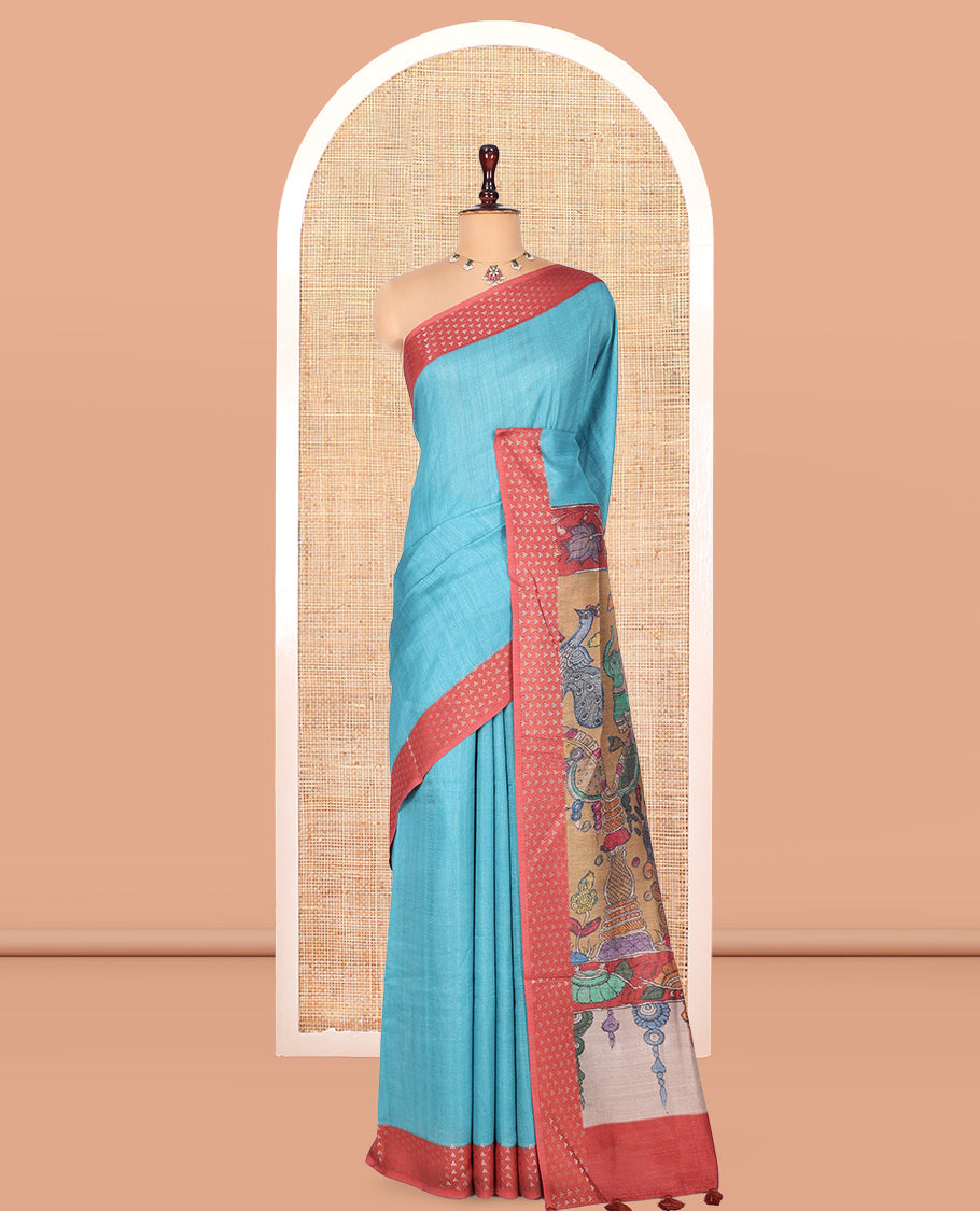 Blue Plain Fancy Tussar Silk Saree, Contrast Triangle Motif Border, Pallu of Kalamkari Peacock Motifs, and Contrast Kalamkari Printed Blouse
