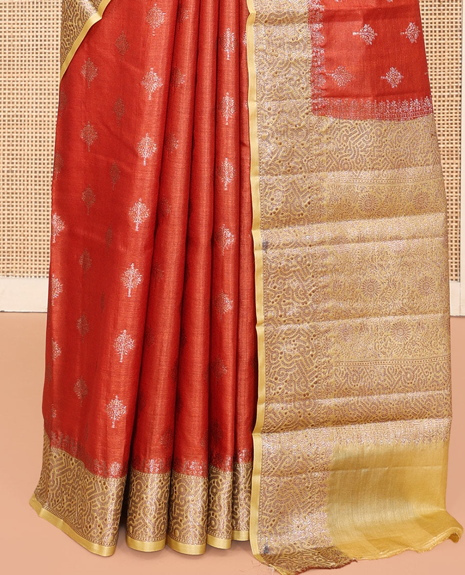 Orange Tussar Silk Saree, Elevated with Zari Buttas, a Contrast Zari Border, Grand Pallu, and a Contrast Blouse