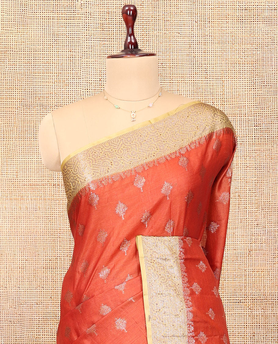 Orange Tussar Silk Saree, Elevated with Zari Buttas, a Contrast Zari Border, Grand Pallu, and a Contrast Blouse