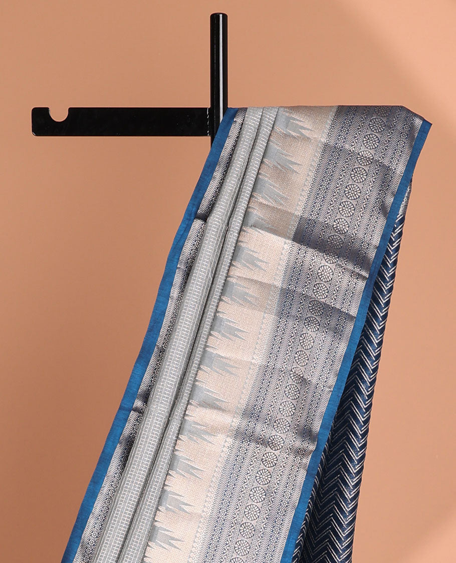 Light grey checked tussar saree with contrast traditional zari design border & chevron design pallu
