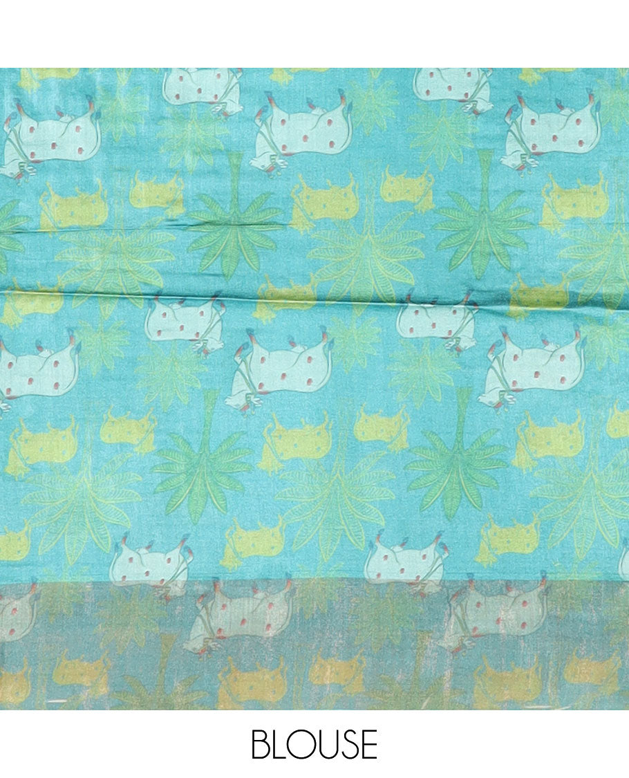 Blue tree and Pichwai cow printed tussar silk saree, bavanji border, and checked pallu