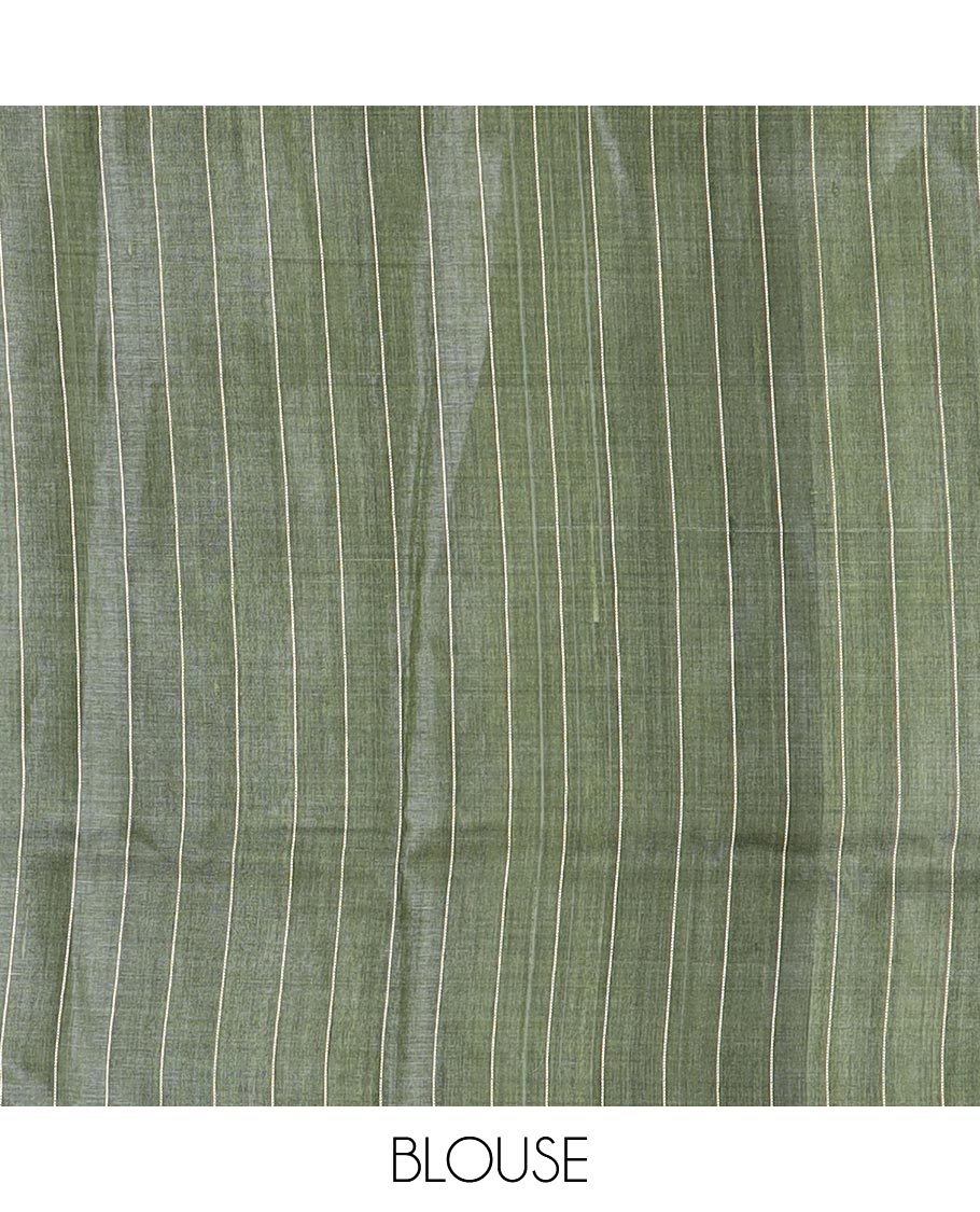 Green buttas tussar silk saree, temple border and pallu of stripes and temple motifs