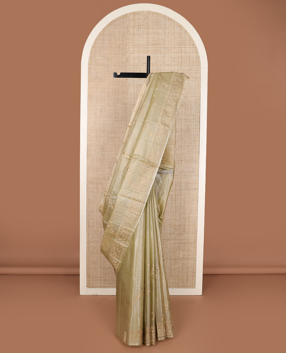 Pastel green diagonal floral stripes thread embroidered tussar saree, floral creeper embroidered border