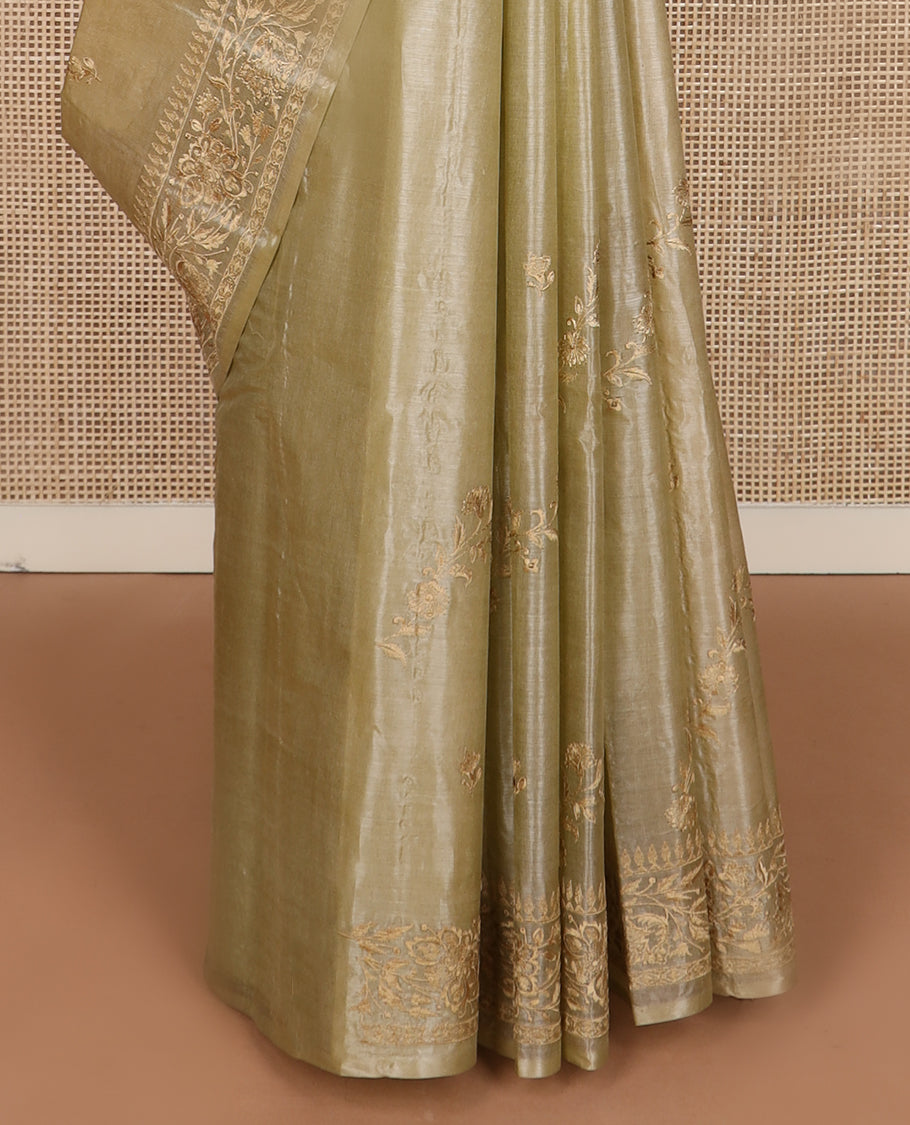 Pastel green diagonal floral stripes thread embroidered tussar saree, floral creeper embroidered border