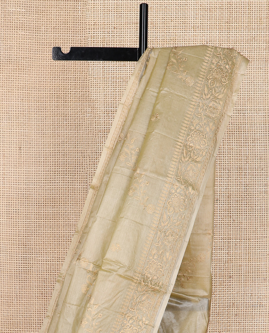 Pastel green diagonal floral stripes thread embroidered tussar saree, floral creeper embroidered border