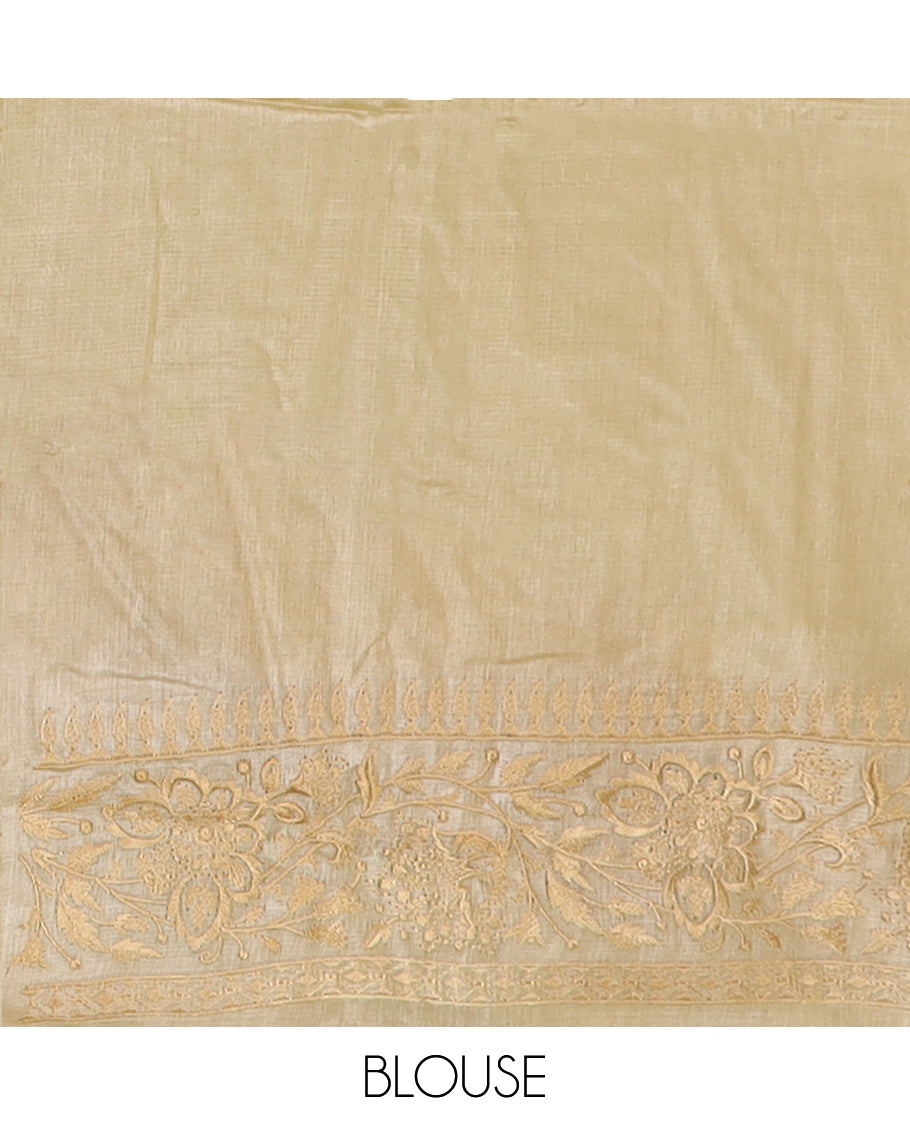 Pastel green diagonal floral stripes thread embroidered tussar saree, floral creeper embroidered border