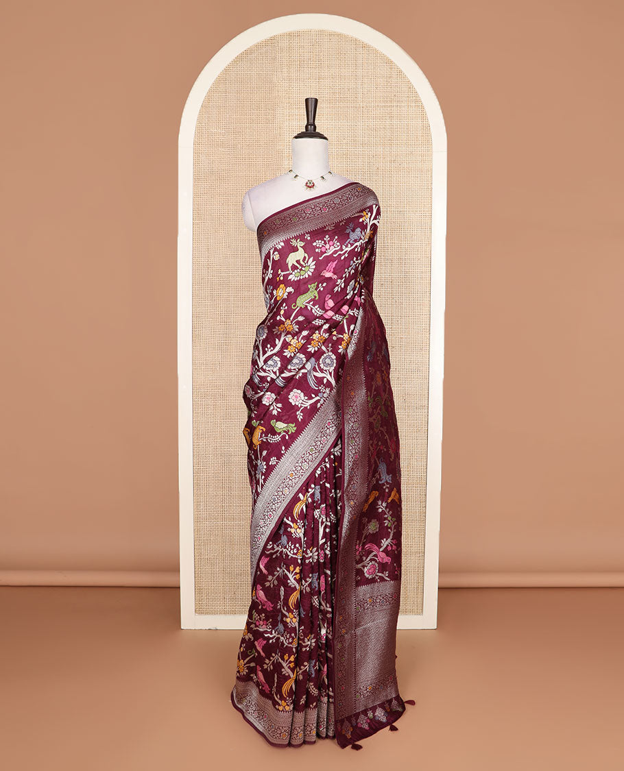 Wine floral vine and animal motifs meenakari design Matka silk saree, traditional design border, and intricate pallu