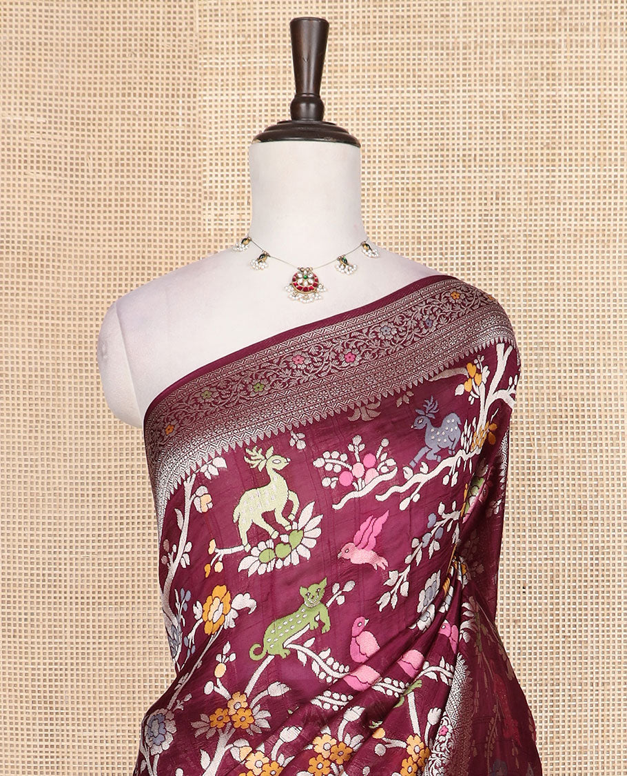 Wine floral vine and animal motifs meenakari design Matka silk saree, traditional design border, and intricate pallu