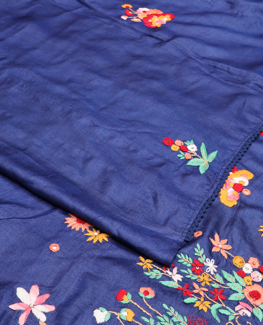 Borderless ink blue base tussar saree with kaleidoscopic-colored thread floral embroidery motifs