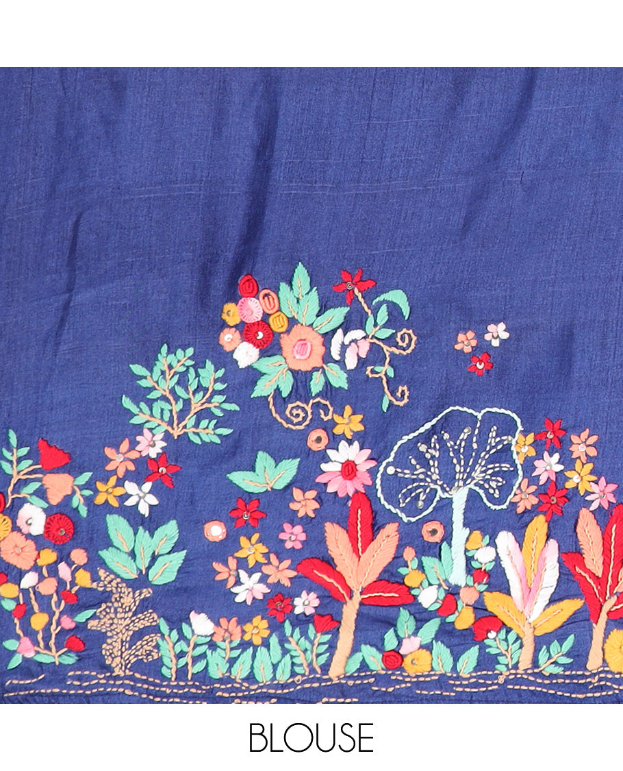 Borderless ink blue base tussar saree with kaleidoscopic-colored thread floral embroidery motifs