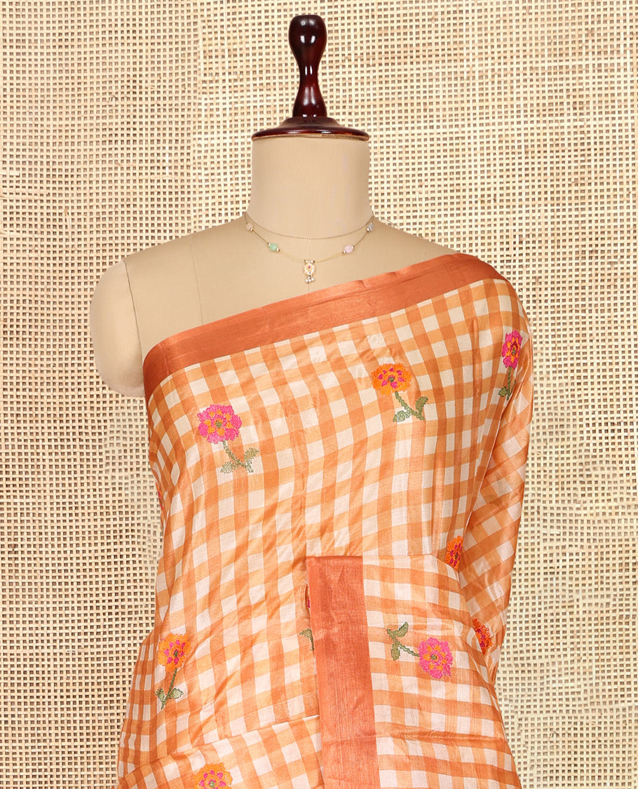 Orange Tusser Silk Saree, Adorned with Checks, a Contrast Border, Self-Pallu, and a Matching Blouse