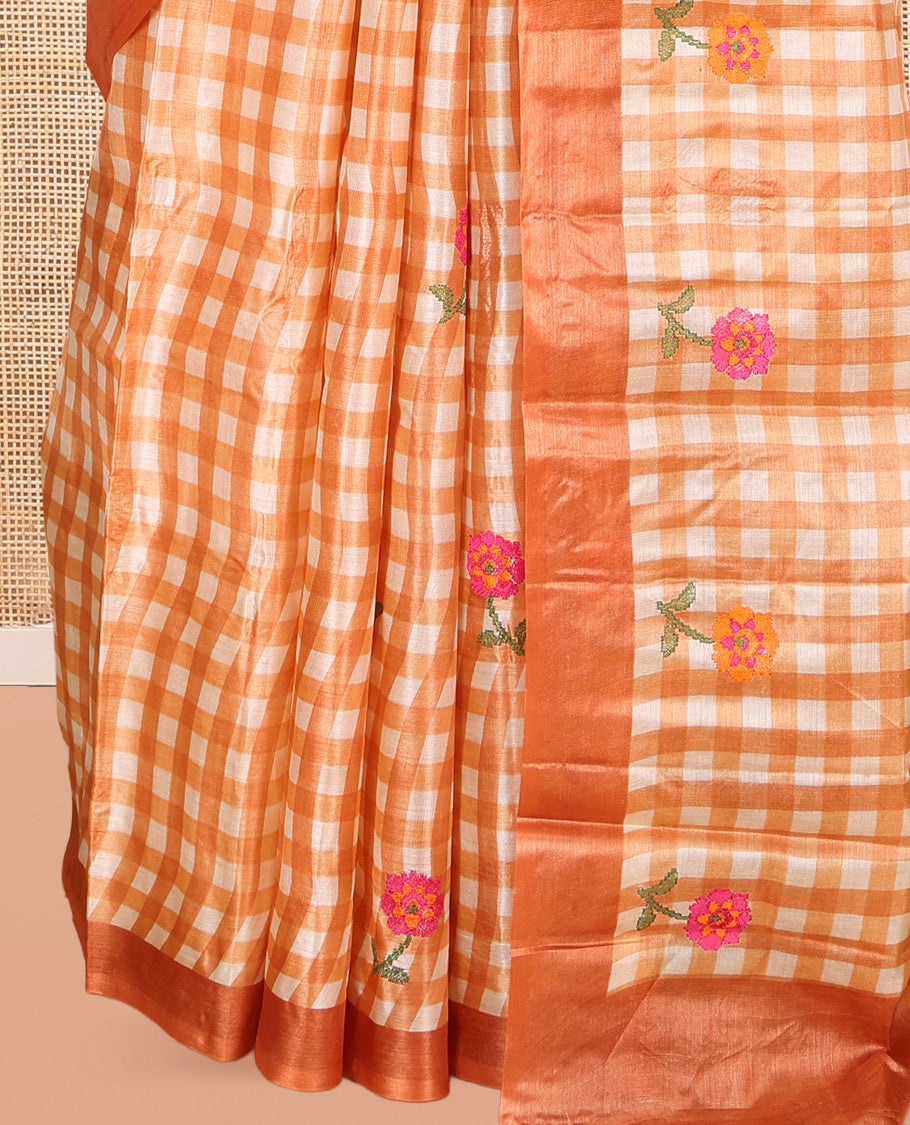 Orange Tusser Silk Saree, Adorned with Checks, a Contrast Border, Self-Pallu, and a Matching Blouse