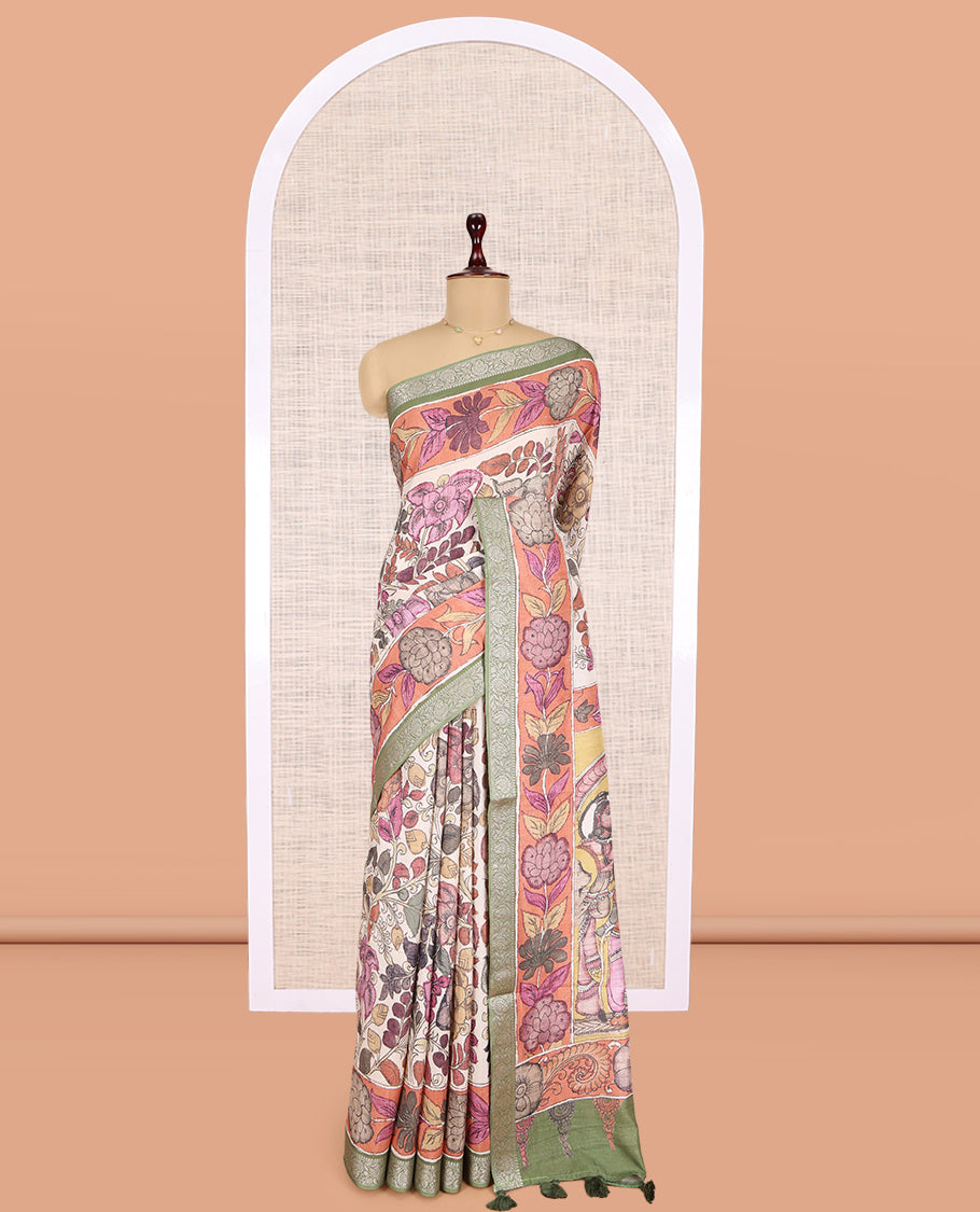 Off-White Kalamkari Printed Fancy Tussar Saree