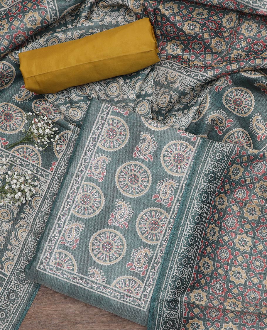 Green material chudidar set, Ajrakh style printed with stone work top, contrast yellow plain bottom and Ajrakh printed dupatta