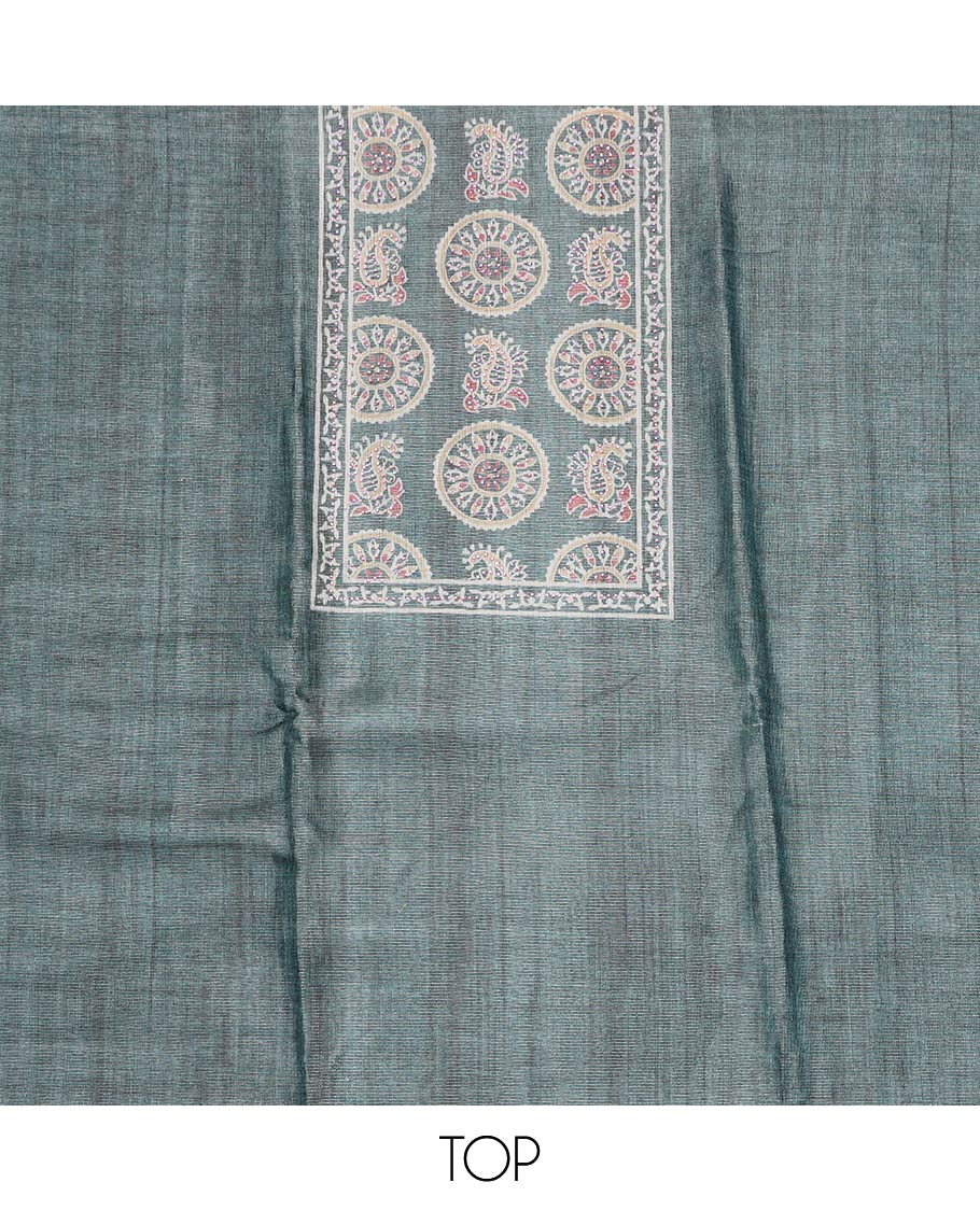 Green material chudidar set, Ajrakh style printed with stone work top, contrast yellow plain bottom and Ajrakh printed dupatta