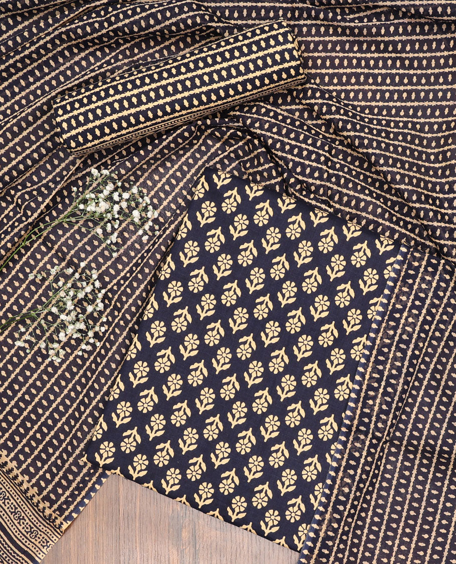 Blue chudidhar material set floral motifs top with striped floral bottom & floral design dupatta