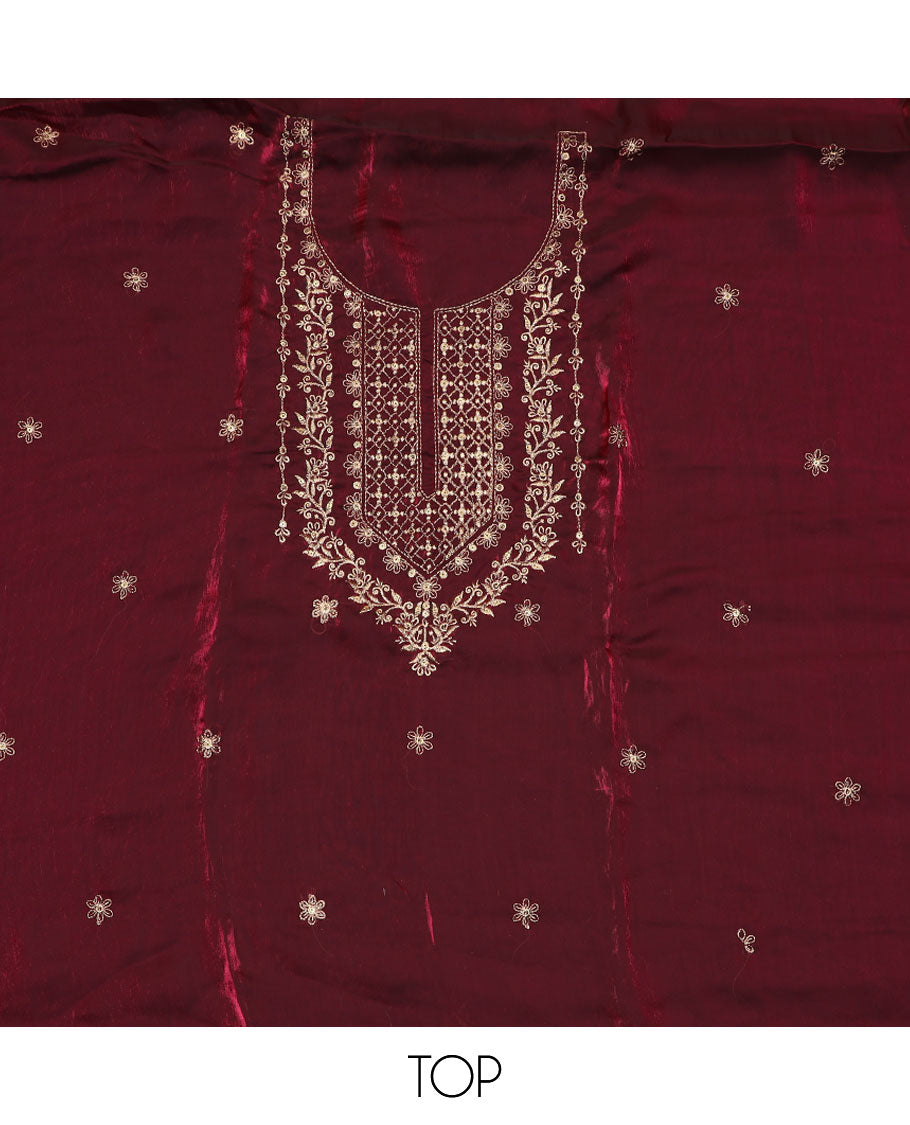 Maroon material chudidar set, sequins embroidered top, plain bottom, and scallop thread embroidered dupatta