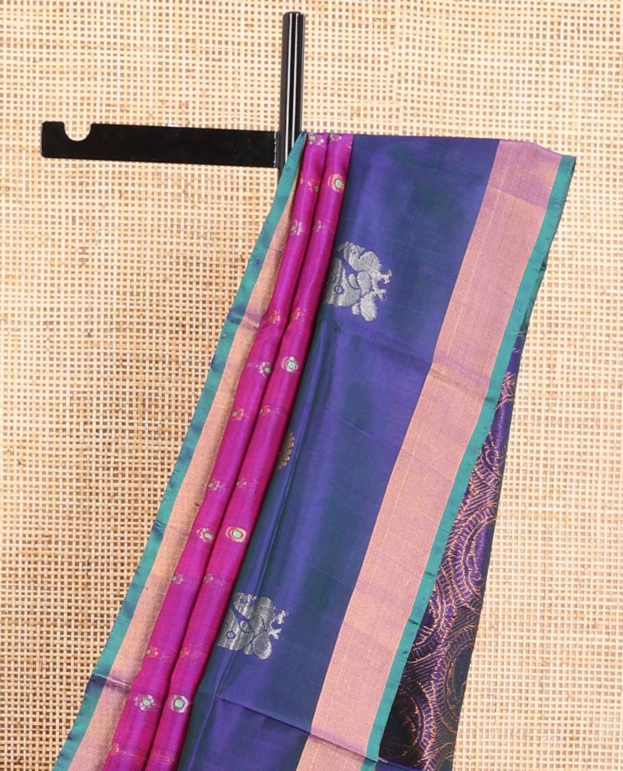 Purple floral design uppda saree with contrast floral, animal design border & intricate zari design pallu
