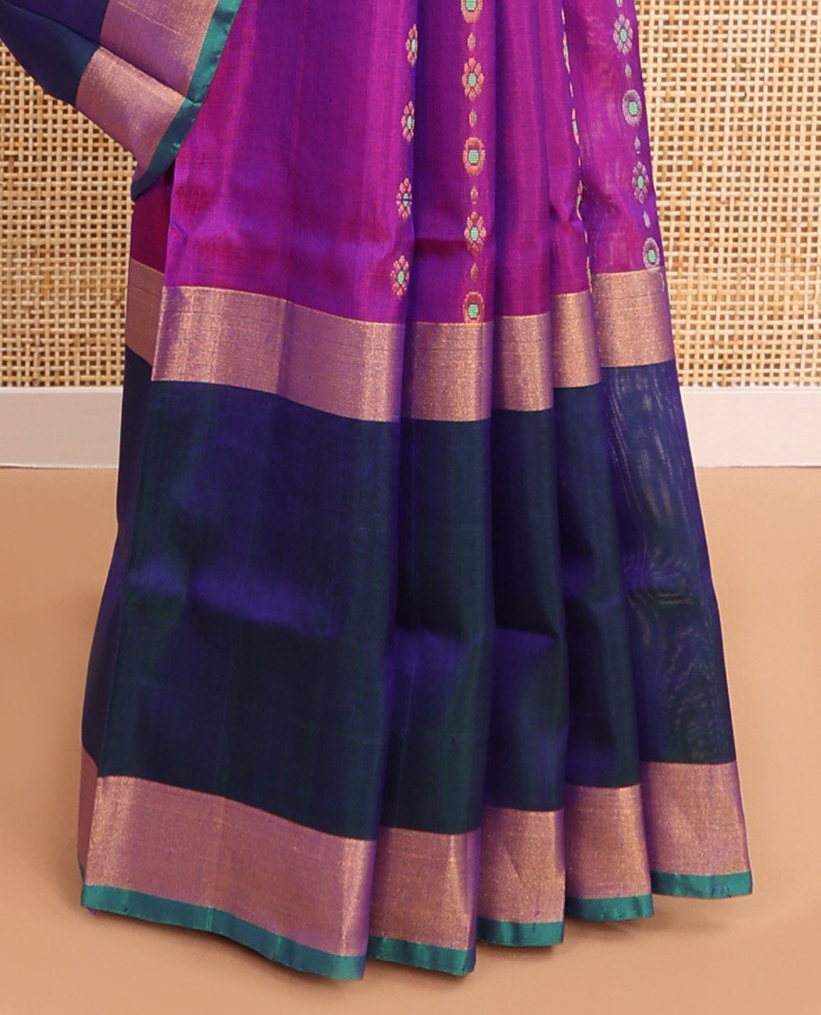 Purple floral design uppda saree with contrast floral, animal design border & intricate zari design pallu