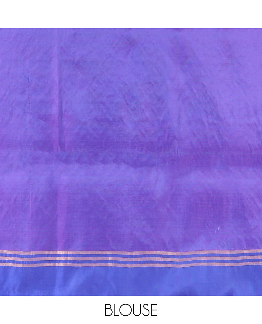 Orange Semi Uppada Saree Embellished with Zari Buttas, Complemented by a Contrast Bavanji Border, Pallu Elevated with Intricate Zari Designs, and Paired with a Contrast Blouse