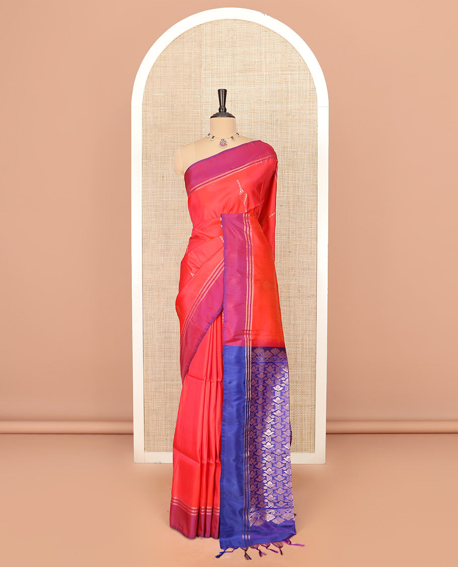 Orange Semi Uppada Saree Embellished with Zari Buttas, Complemented by a Contrast Bavanji Border, Pallu Elevated with Intricate Zari Designs, and Paired with a Contrast Blouse