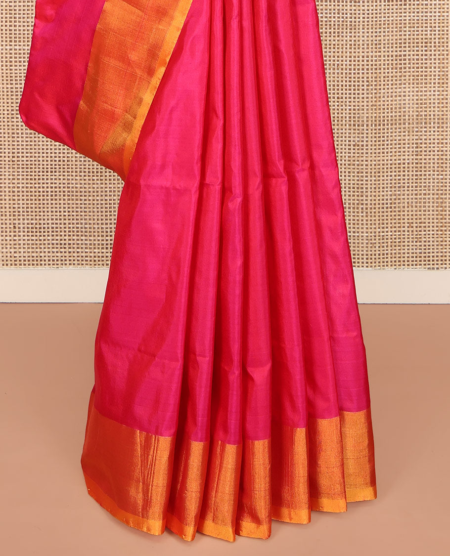 Pink Plain Uppada Silk Saree, Complemented by a Contrast Plain Border, Pallu Steeped with Zari Stripes, and Paired with a Contrast Blouse