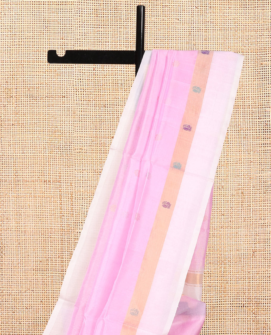 Pink Uppada Silk Saree, Sparsely Woven with Zari Buttas, Complemented By Contrast Butta Woven Border, Pallu of Peacock and Floral Buttas, and a Contrast Blouse