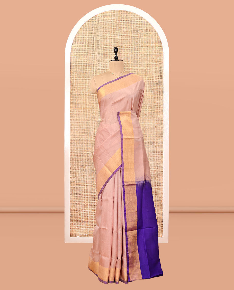 Peach Plain Uppada Silk Saree, Complemented by a Contrast Border, Contrast Plain Pallu, and a Contrast Blouse