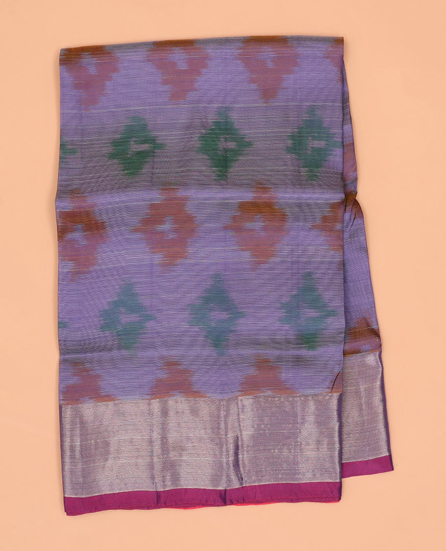 Purple ikkat motifs semi-uppada saree with contrast zari border & argyle design pallu