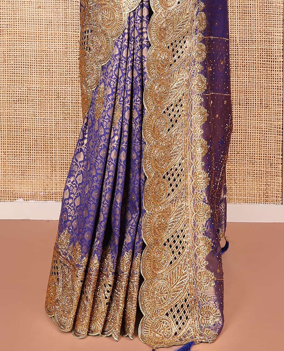 Blue Vastrakala Silk Saree, Artfully Detailed with Jaal Jacquard and Embroidery, Complemented by Traditional Zari and Cut-Embroidered Scallop Border, Grandly Zari and Stone Work Pallu, and Paired with Matching Embroidered Blouse