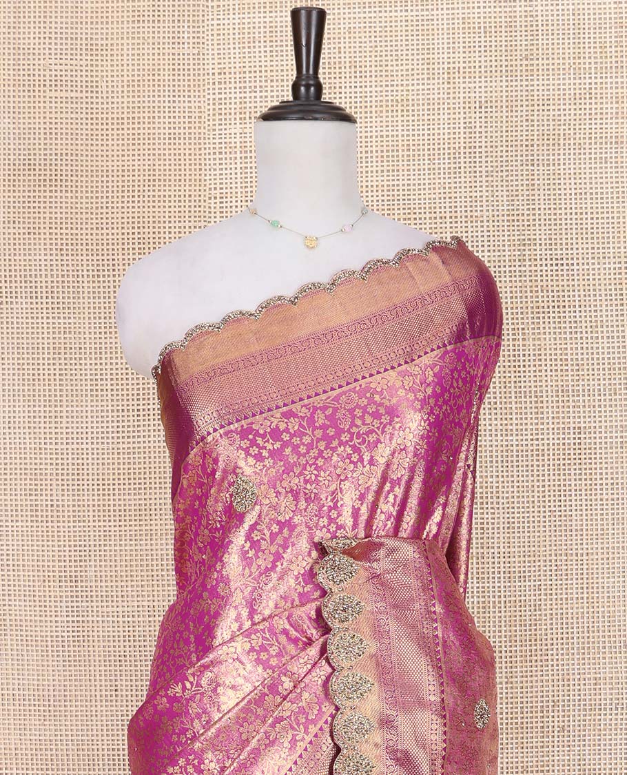 Pink Vastrakala Silk Saree, Gracefully Embellished with Floral Jacquard and Patch Stone Work, Highlighted by Traditional Zari and Lace Embroidered Scallop Border, Grand Scallop Design Stone Work Pallu, and Paired with Heavy Embroidered Blouse