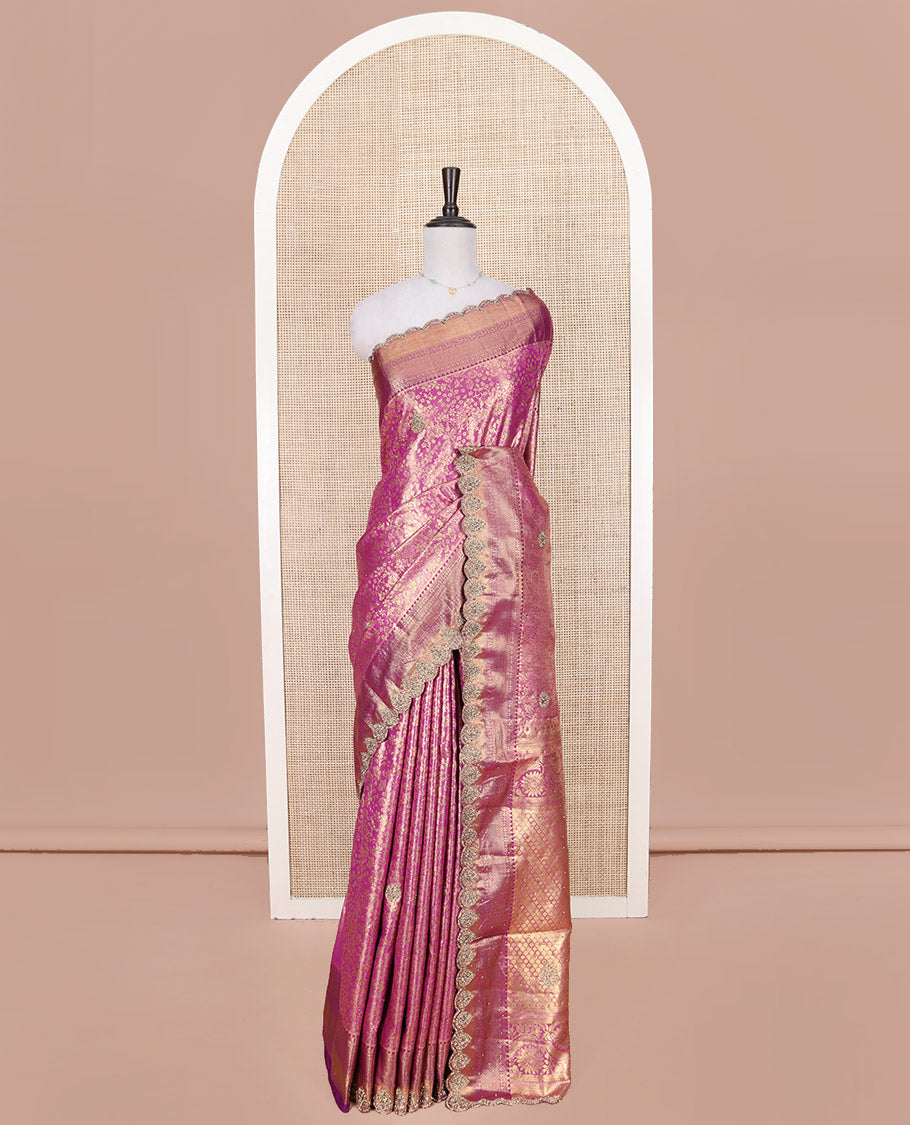 Pink Vastrakala Silk Saree, Gracefully Embellished with Floral Jacquard and Patch Stone Work, Highlighted by Traditional Zari and Lace Embroidered Scallop Border, Grand Scallop Design Stone Work Pallu, and Paired with Heavy Embroidered Blouse