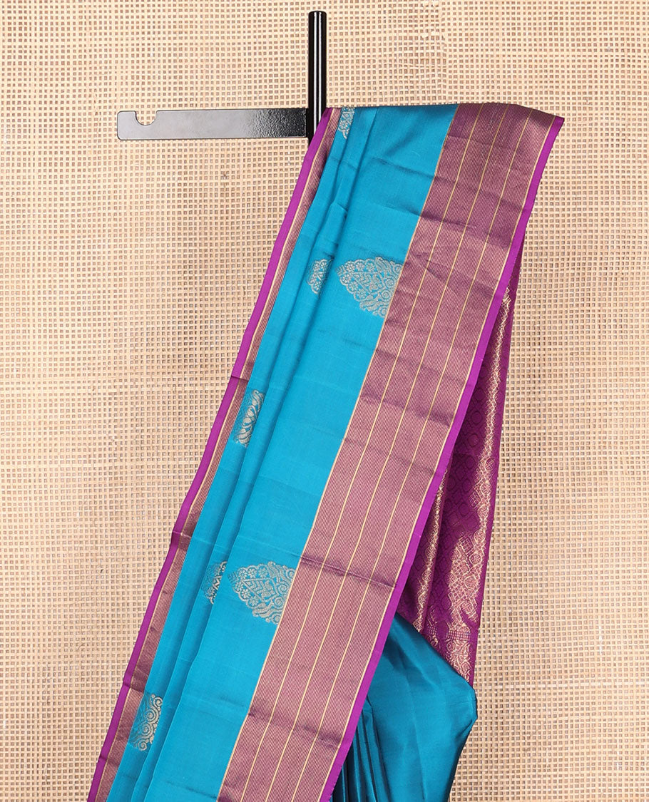 Blue zari buttas vasundhara elite silk saree, contrast striped border & pallu of jaal design