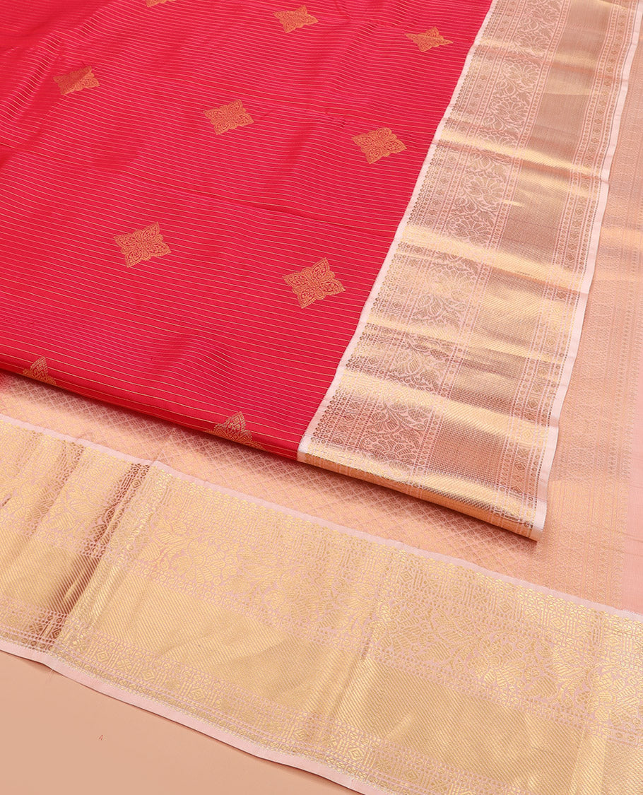 Red Vasundhara Lite Silk Mix Saree, Gleamed Up with Zari Designs All Over Its Body, Complemented by a Contrast Border of Salngai, Muthu, Diamond, Rudraksham, and Kodi Visiry Designs, Grand Woven Pallu of Jaal Designs, and Paired with a Contrast Blouse