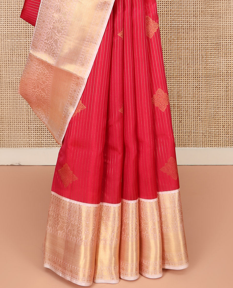 Red Vasundhara Lite Silk Mix Saree, Gleamed Up with Zari Designs All Over Its Body, Complemented by a Contrast Border of Salngai, Muthu, Diamond, Rudraksham, and Kodi Visiry Designs, Grand Woven Pallu of Jaal Designs, and Paired with a Contrast Blouse