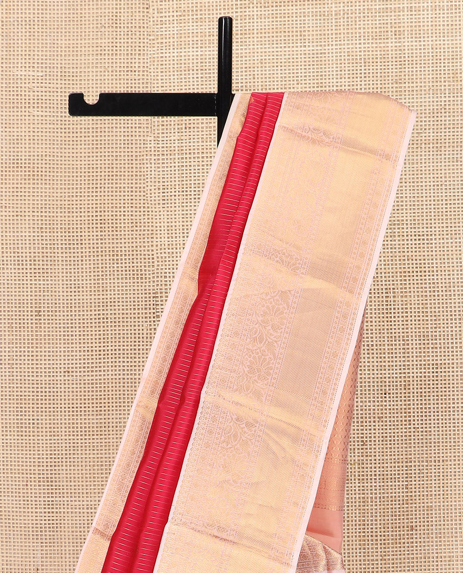 Red Vasundhara Lite Silk Mix Saree, Gleamed Up with Zari Designs All Over Its Body, Complemented by a Contrast Border of Salngai, Muthu, Diamond, Rudraksham, and Kodi Visiry Designs, Grand Woven Pallu of Jaal Designs, and Paired with a Contrast Blouse
