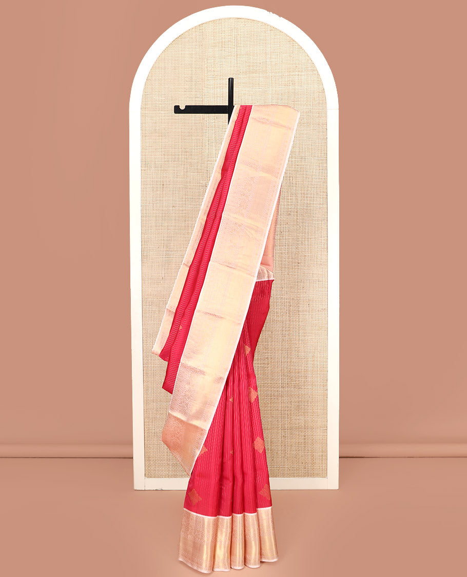 Red Vasundhara Lite Silk Mix Saree, Gleamed Up with Zari Designs All Over Its Body, Complemented by a Contrast Border of Salngai, Muthu, Diamond, Rudraksham, and Kodi Visiry Designs, Grand Woven Pallu of Jaal Designs, and Paired with a Contrast Blouse