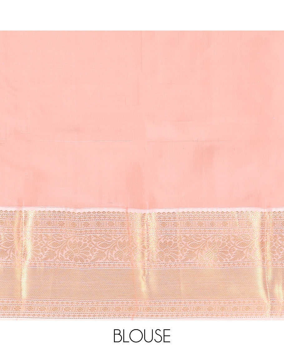 Red Vasundhara Lite Silk Mix Saree, Gleamed Up with Zari Designs All Over Its Body, Complemented by a Contrast Border of Salngai, Muthu, Diamond, Rudraksham, and Kodi Visiry Designs, Grand Woven Pallu of Jaal Designs, and Paired with a Contrast Blouse