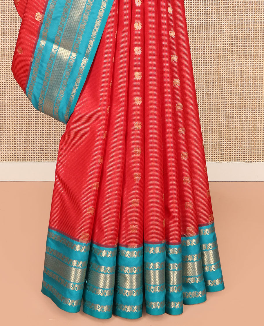 Red Vasundhara Lite Silk Mix Saree, Enthralled with Yaali-Mayil Buttas and Stripes on Its Body, Complemented by a Contrast Border of Kodi Visiry and Mayil Kann Designs, Grand Pallu, and Paired with a Contrast Blouse