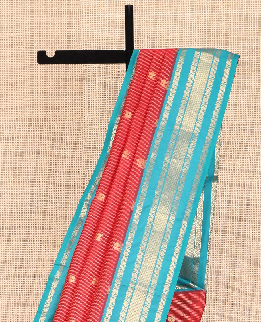 Red Vasundhara Lite Silk Mix Saree, Enthralled with Yaali-Mayil Buttas and Stripes on Its Body, Complemented by a Contrast Border of Kodi Visiry and Mayil Kann Designs, Grand Pallu, and Paired with a Contrast Blouse