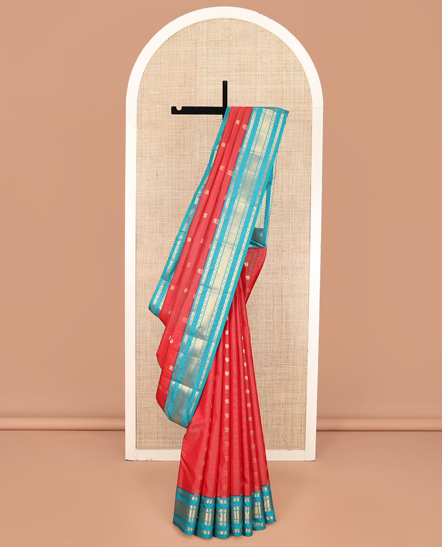 Red Vasundhara Lite Silk Mix Saree, Enthralled with Yaali-Mayil Buttas and Stripes on Its Body, Complemented by a Contrast Border of Kodi Visiry and Mayil Kann Designs, Grand Pallu, and Paired with a Contrast Blouse