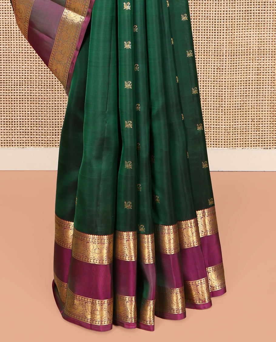 Green Vasundhara Lite-Silk Mix Saree, Bedecked with Zari Buttas, Complemented by a Contrast Rettai Pettu Mayil Border, Jaal Pallu, and a Contrast Blouse